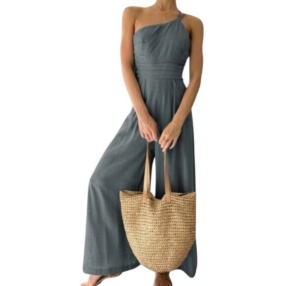 Anrabess Women’s One-Shoulder Jumpsuit L Charcoal Gray Wide-Leg Spaghetti Strap - Picture 1 of 7